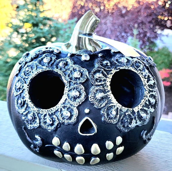 NWT Martha Stewart LED Black Sugar Skull Pumpkin Halloween Light Up Pumpkin - Picture 4 of 5